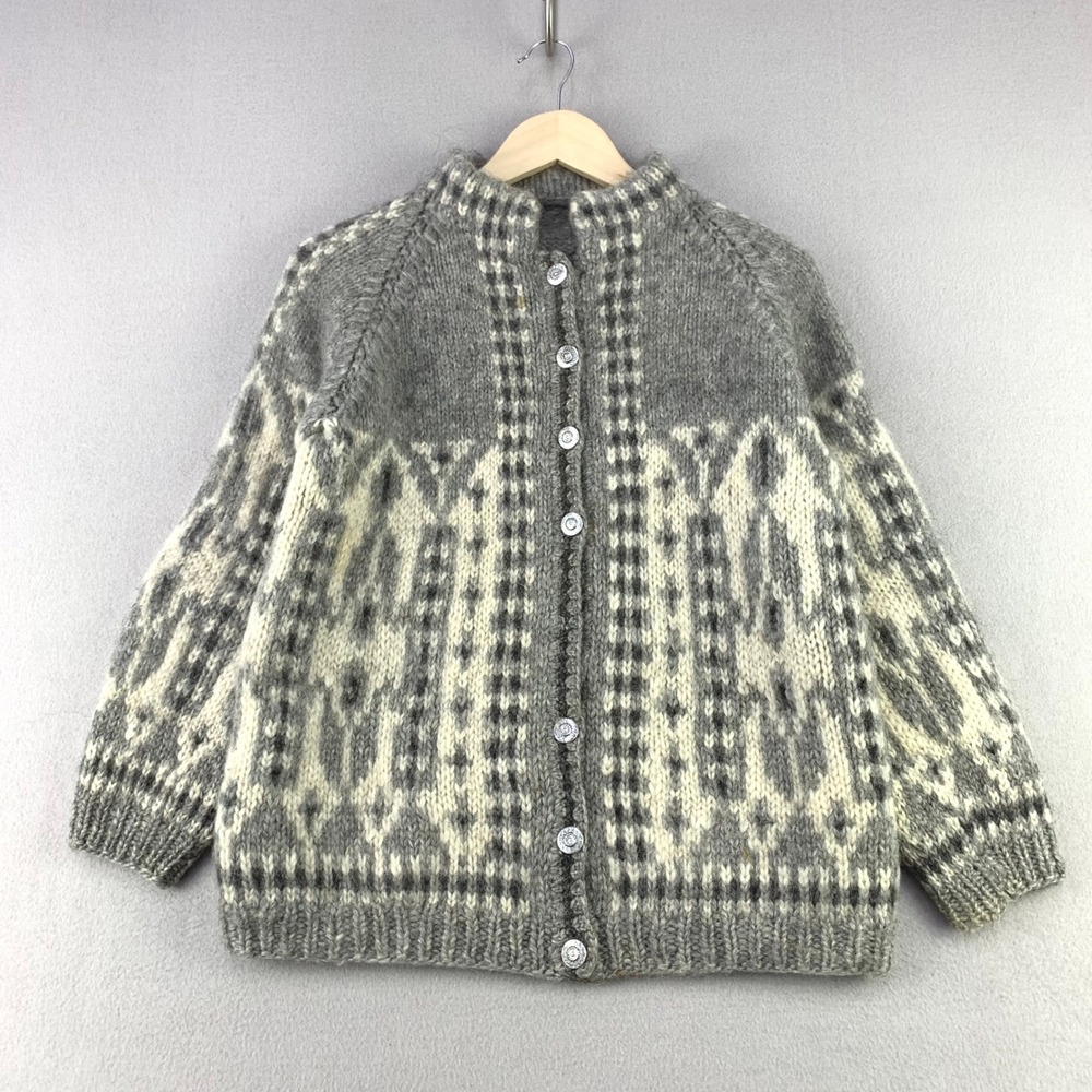 VTG 70s Hand Knit Cardigan Sweater Women M Nordic Fair Isle Wool Angora? Mohair?